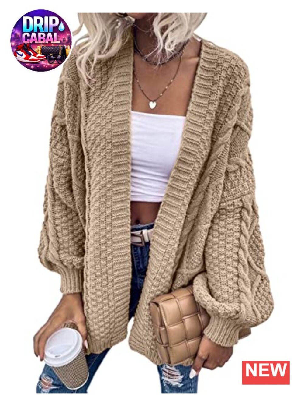 Women's Oversized Cable Knit Long Sleeve Lantern Cardigan Sweater Soft Stretchy
